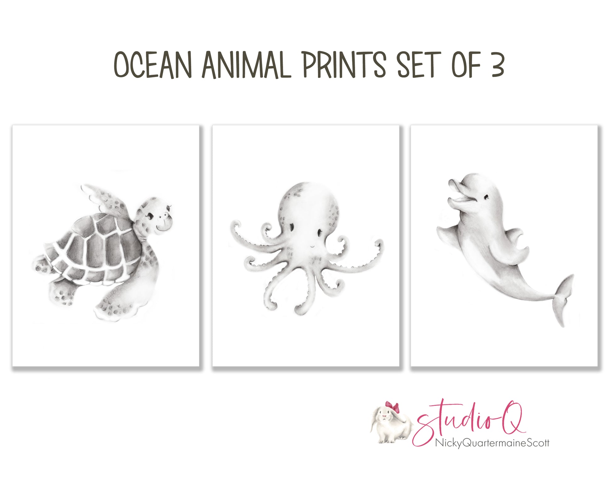 Ocean Friends Nursery Art Set of 3 Prints - Studio Q - Art by Nicky Quartermaine Scott