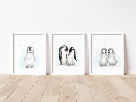 Penguin Family With Blue Accents Nursery Art - Set of 3 Prints - Studio Q - Art by Nicky Quartermaine Scott