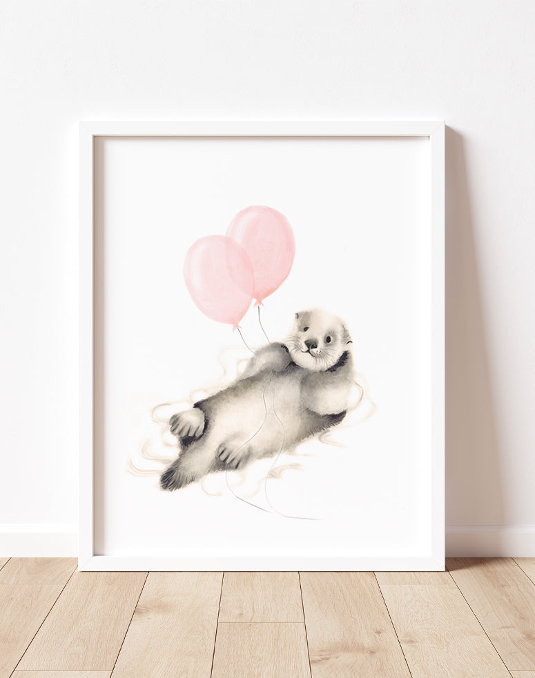 Otter with Round Balloon Nursery Art - Sweet Blush- Studio Q - Art by Nicky Quartermaine Scott