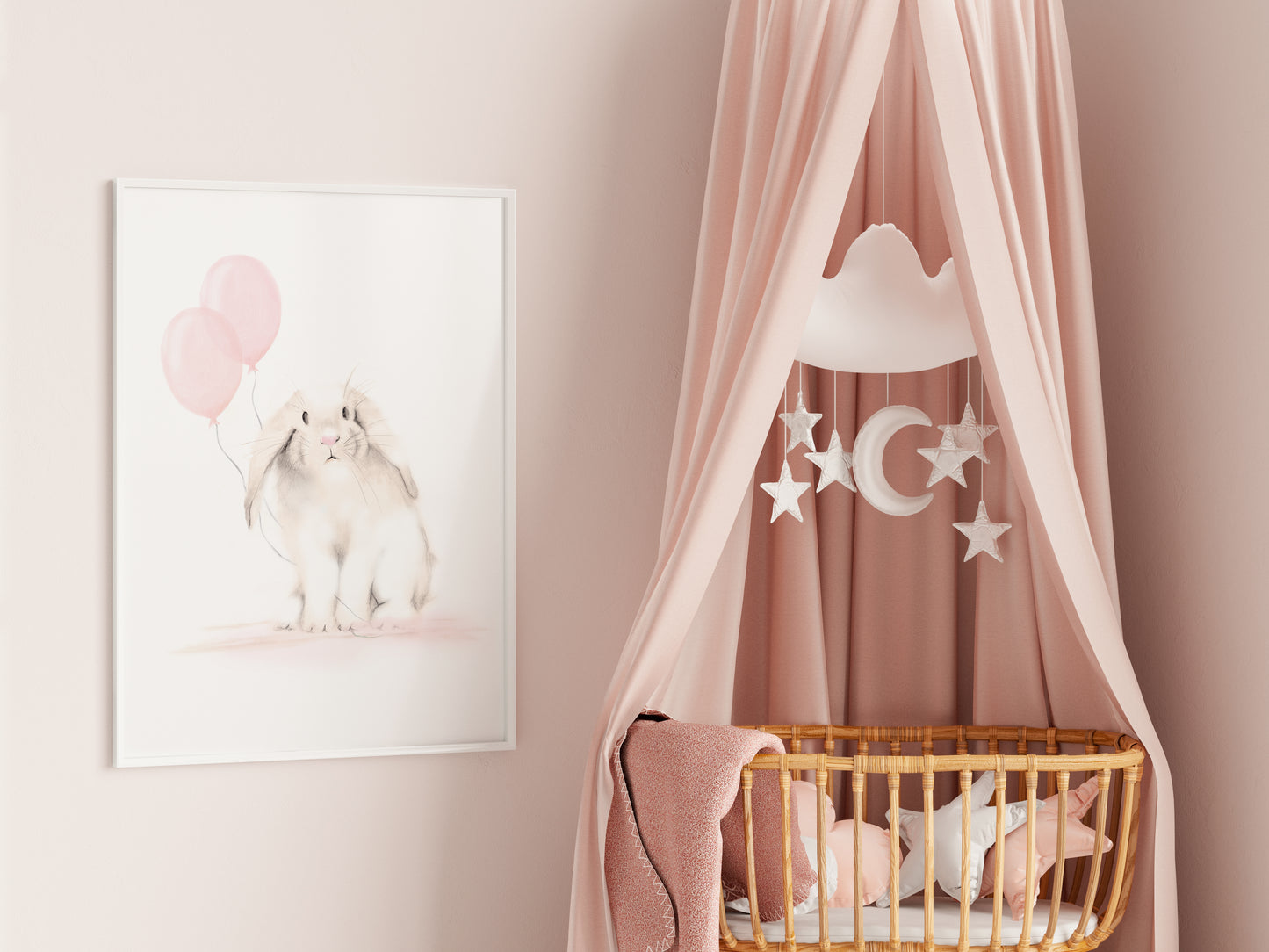 Bunny with Balloons Nursery Print in Sweet Blush- Studio Q - Art by Nicky Quartermaine Scott