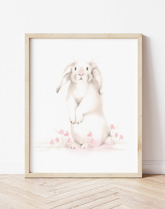 Bunny with Pink Flowers Nursery Print - Sweet Blush- Studio Q - Art by Nicky Quartermaine Scott