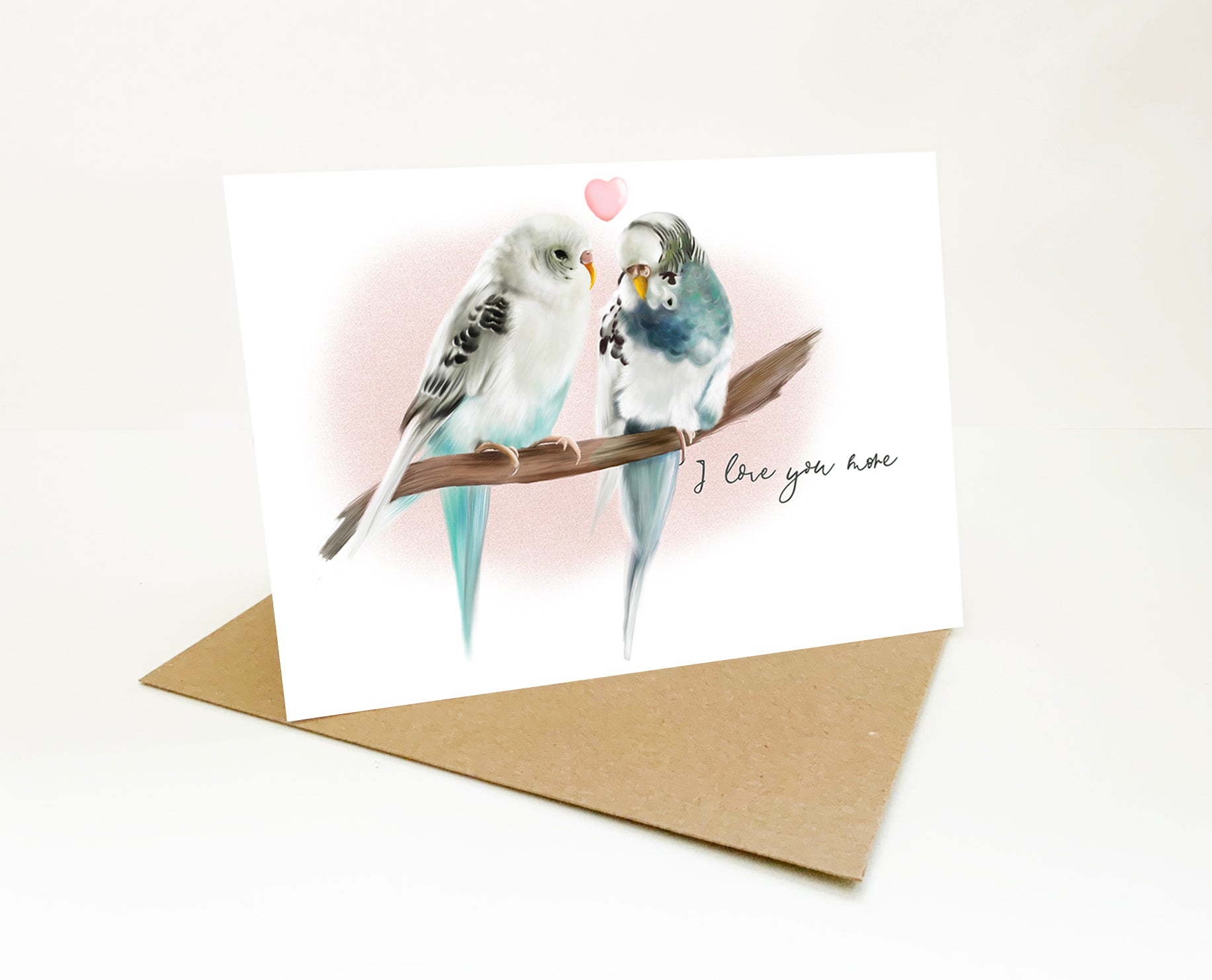 Two budgies on a branch with a pink background and pink love heart art print greeting card - Studio Q - Art by Nicky Quartermaine Scott