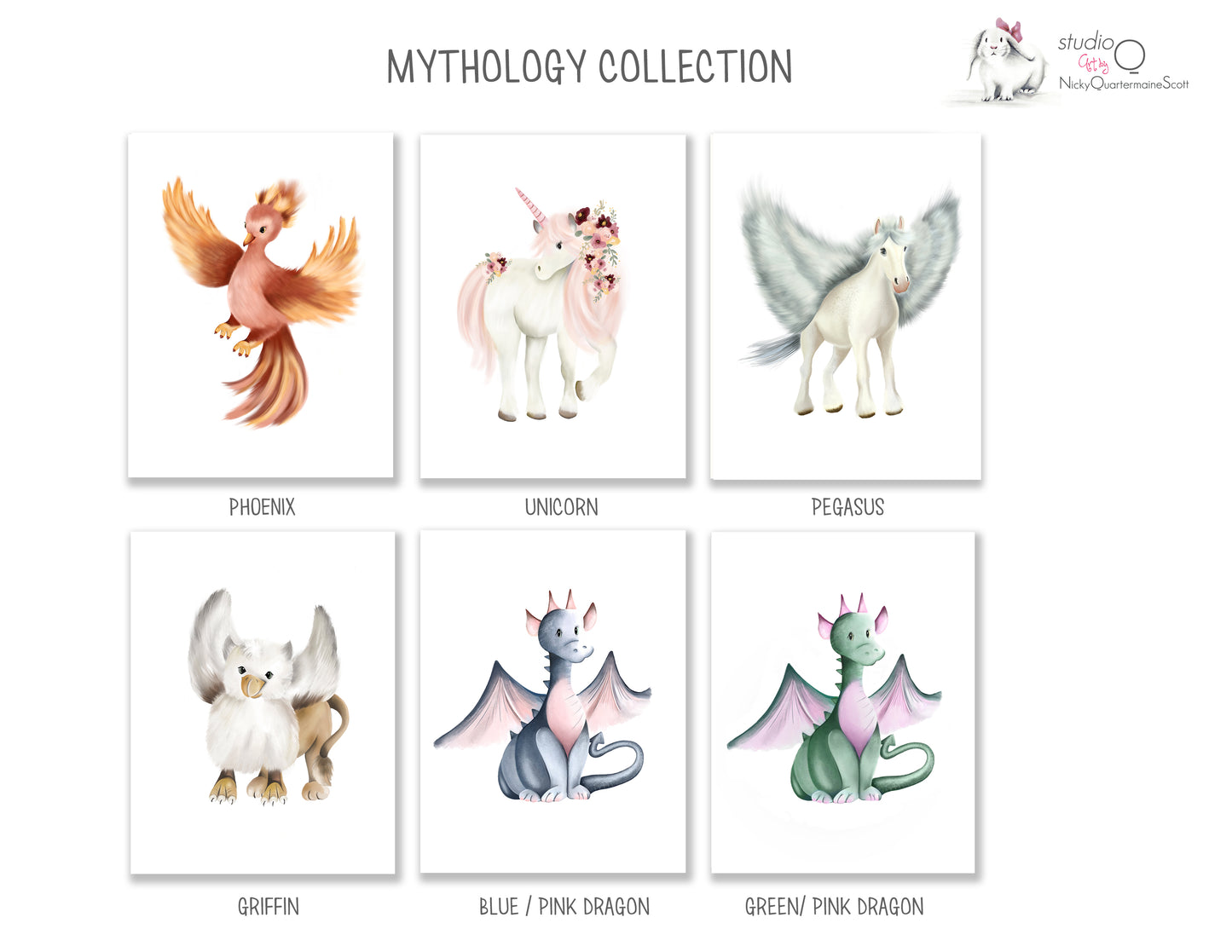 Mythological Animal Prints - Set of 4 - Studio Q - Art by Nicky Quartermaine Scott