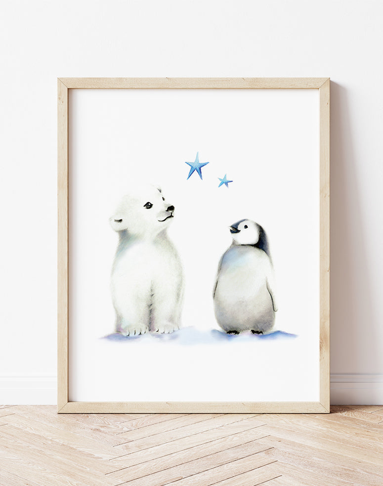 Polar Bear and Penguin with Stars Art Print – Studio Q - Art by Nicky ...