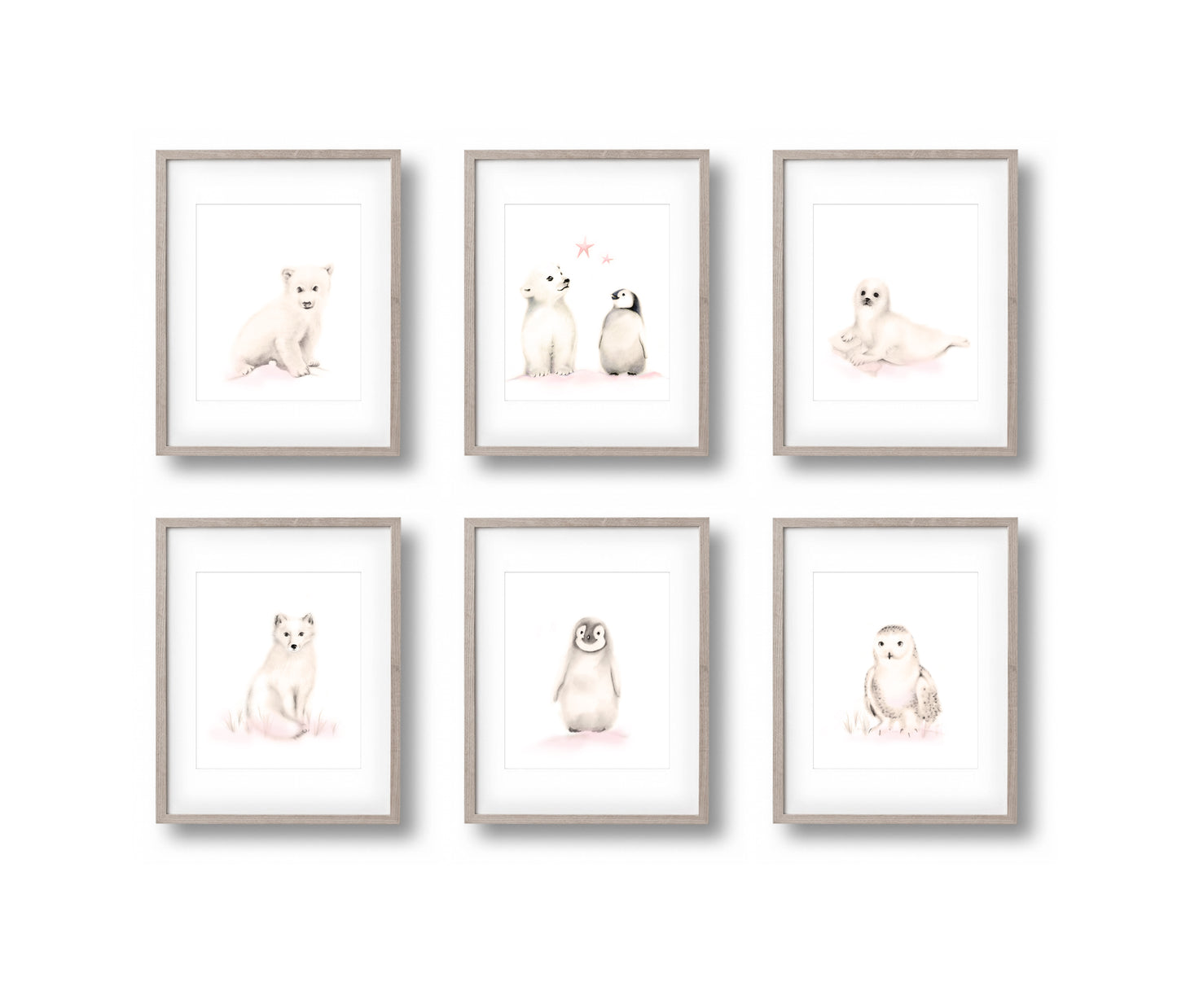 Arctic Animals Nursery Prints in Blush - Set of 6