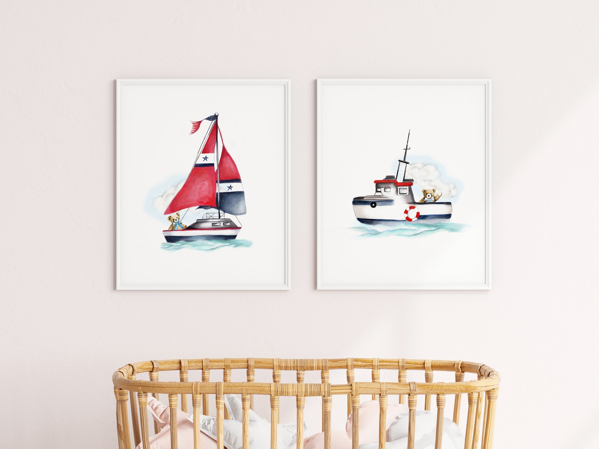 Nautical Nursery Boats with Teddy Bear Prints - Studio Q - Art by Nicky Quartermaine Scott