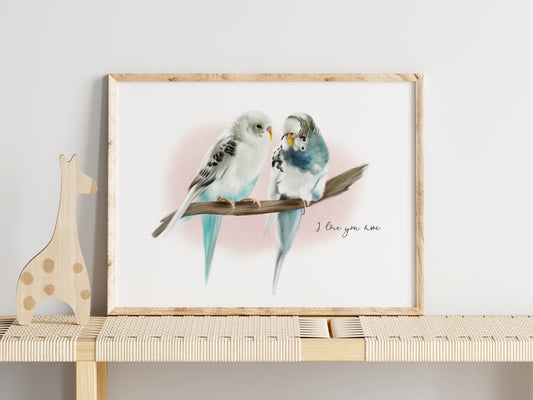 Budgie Pair Bird I Love You More Word Art Print - Studio Q - Art by Nicky Quartermaine Scott